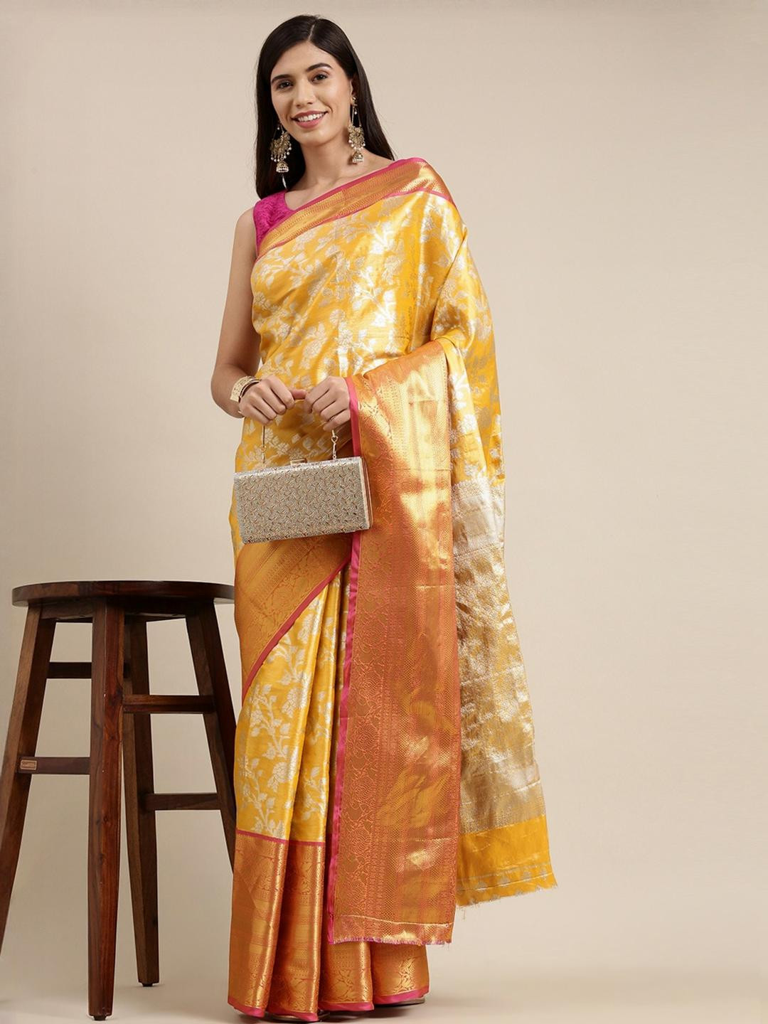 KALINI Yellow Tissue Woven Design Sarees
