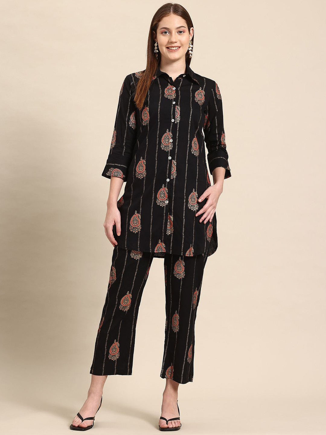 Black and Red Printed Tunic with Trousers Co-Ords