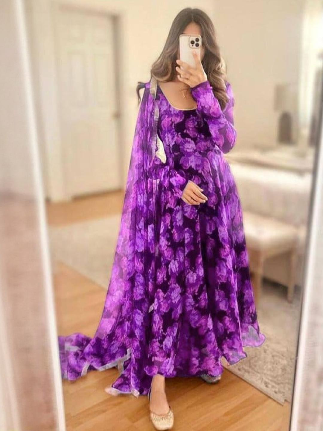 VS MALL Women Purple Printed Georgette Fit & Flare Kurta With Dupatta Dress