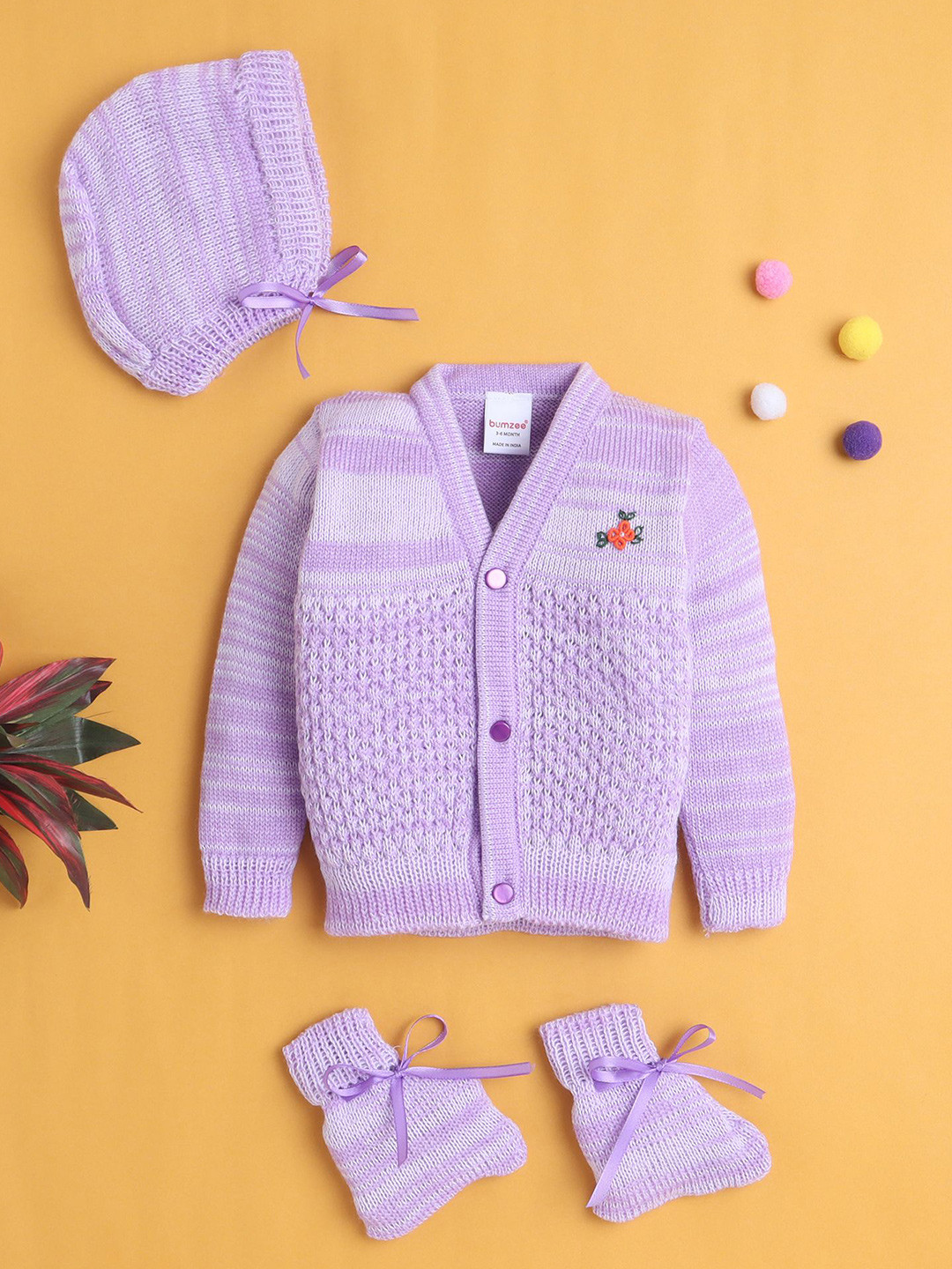 BUMZEE Infant Girls Self Design 3-Pcs Sweater With Cap & Socks Baby Apparel Gift Set