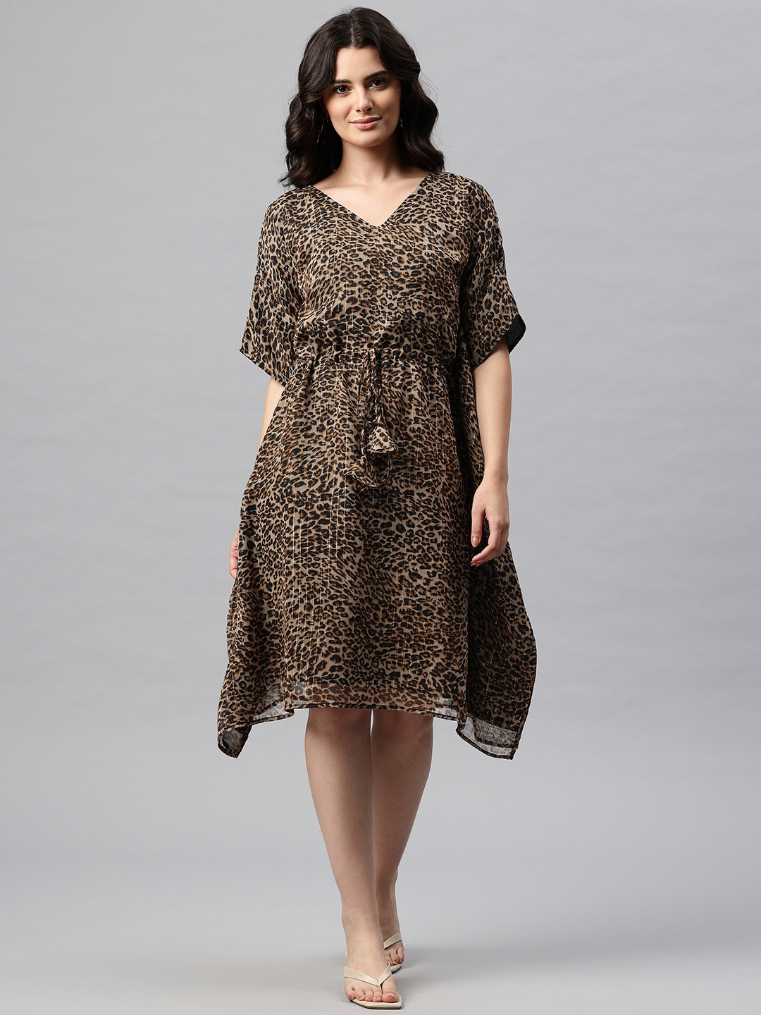 Cottinfab Animal Print Kimono Sleeve Georgette Kaftan Dress