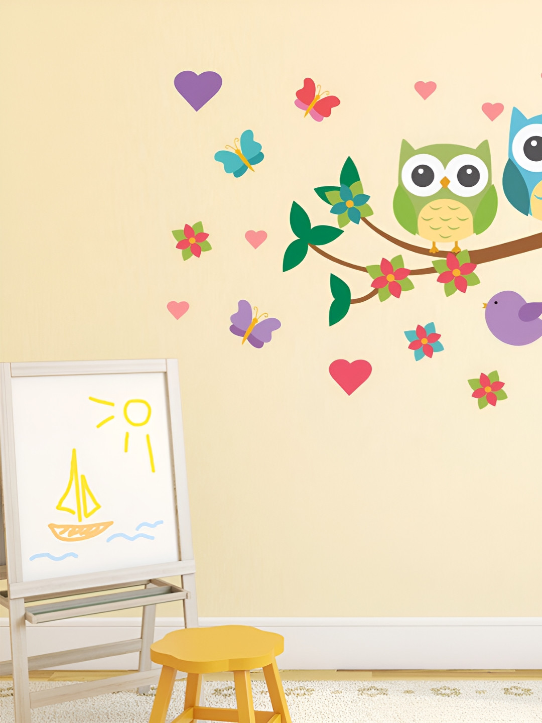 LANSTICK Blue & Pink Tree With Birds Printed Self-Adhesive WallStickers