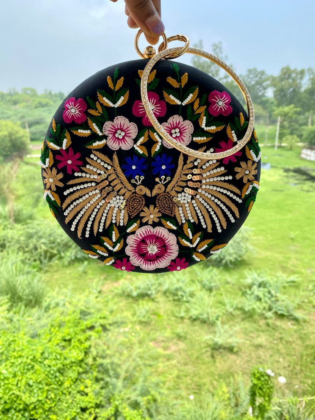 SALUJA PUNJABI JUTTI Women Embroidered Box Clutch With Elegant Embellish