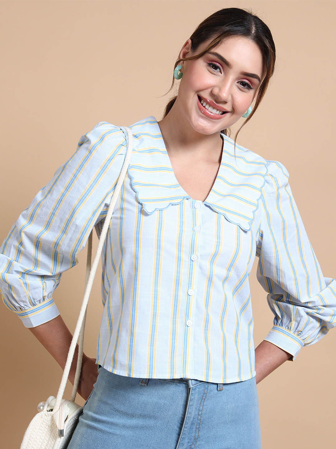 Glam & Chique Women Cotton Striped Peter Pan Collar & Puff Sleeves Shirt