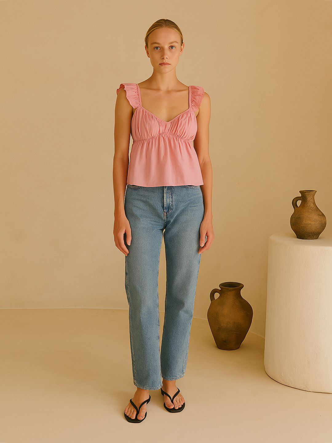 bebe Pink Sweetheart Neck Ruffle Strap Back Tie Empire Top