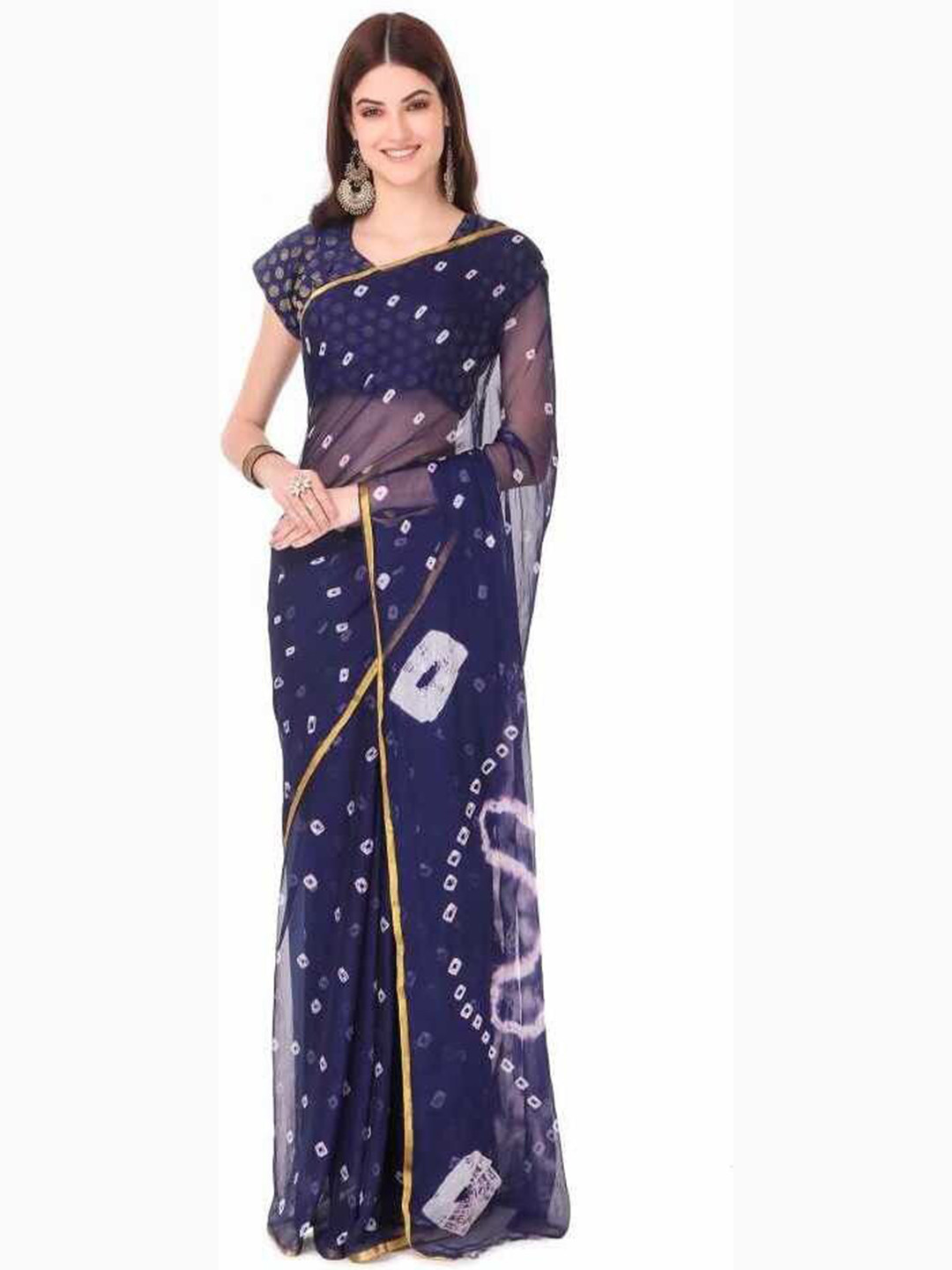 THE FASHION ATTIRE Dark Blue Printed Bandhani Chiffon Saree