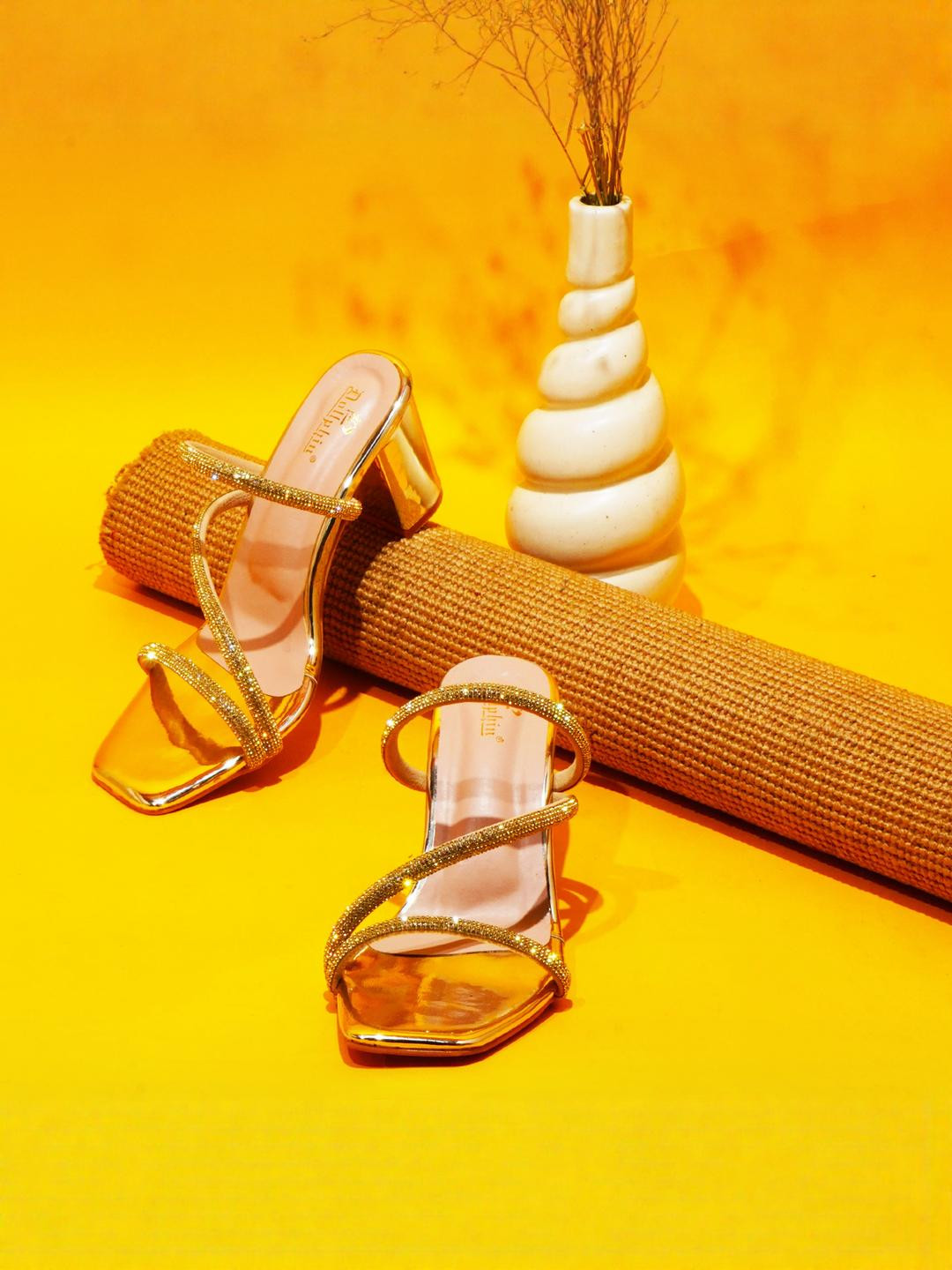 Dollphin Women Golden Open Back Square Toe 2 inches Block Party Heels