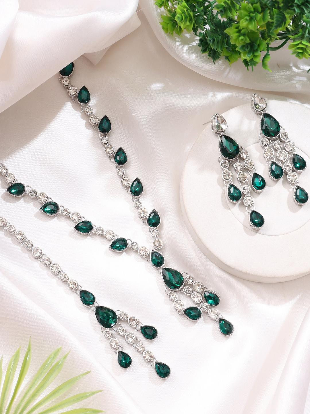 EIT Collection Silver-Plated Green Stones Studded Jewellery Set