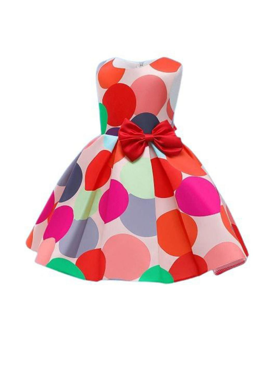 SKYTERIA Girls Multicolored Polka Dot A-Line Frock with Bow Detail
