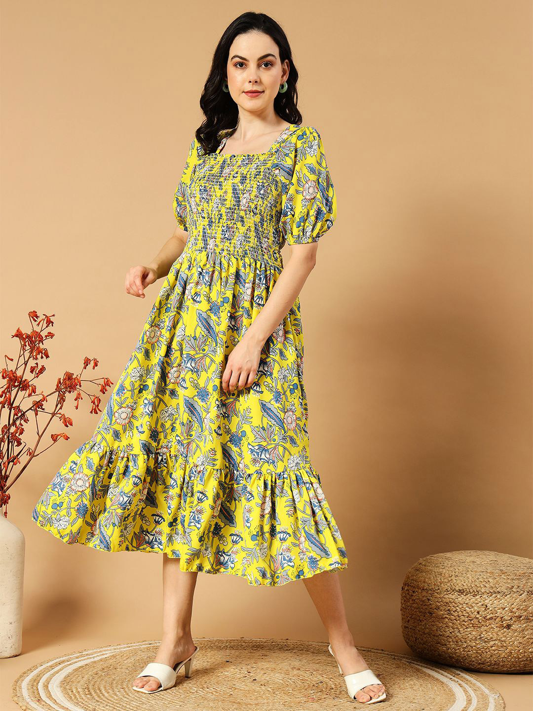 Pinly Women Floral Printed Puff Sleeve Tiered Smocked Fit & Flare Dress