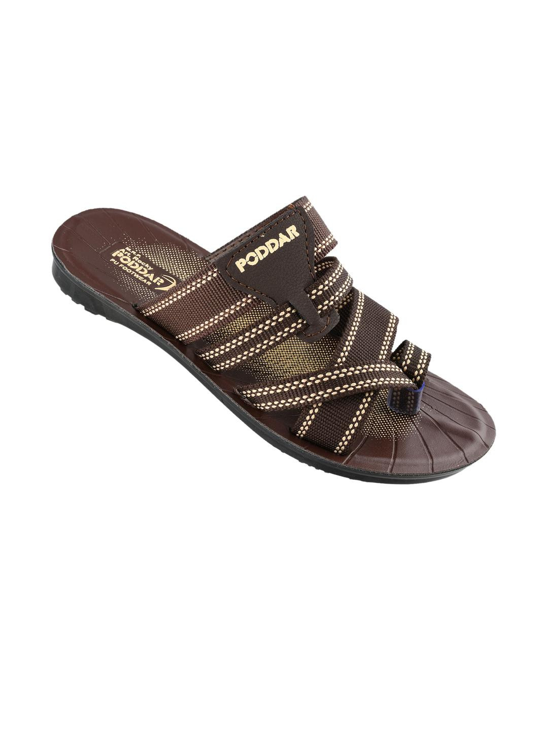 Poddar Men Brown Slip-On Toe-Ring Criss-Cross Textured Straps Slippers