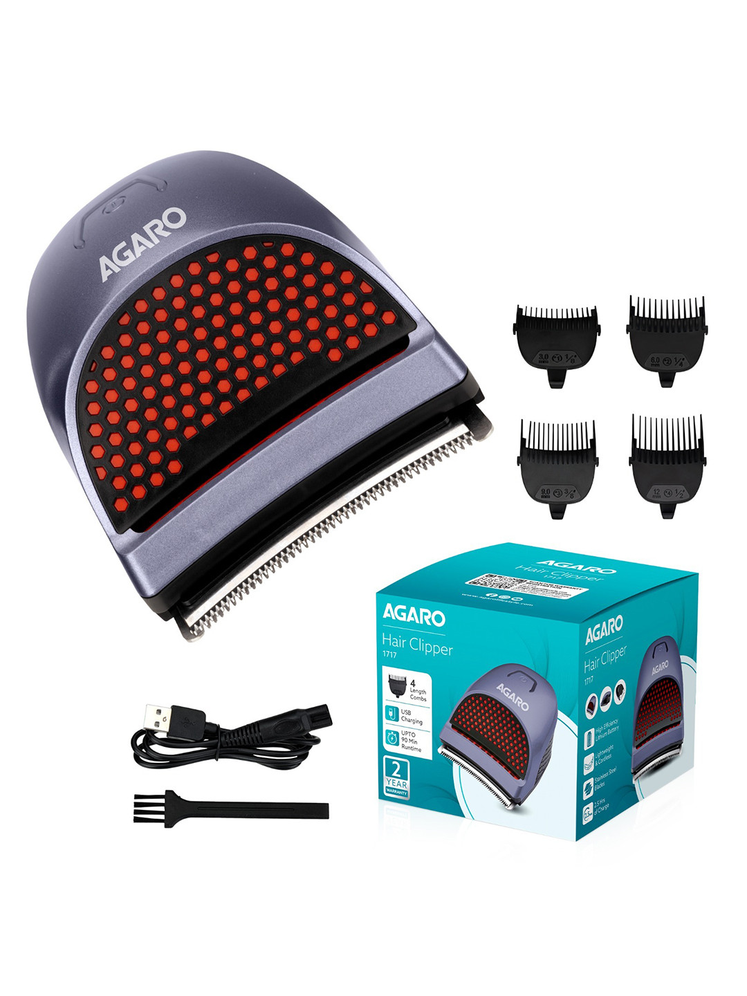 Agaro Cordless Waterproof Hair Clipper 1717 with 4 Combs & Curved Blades - Black