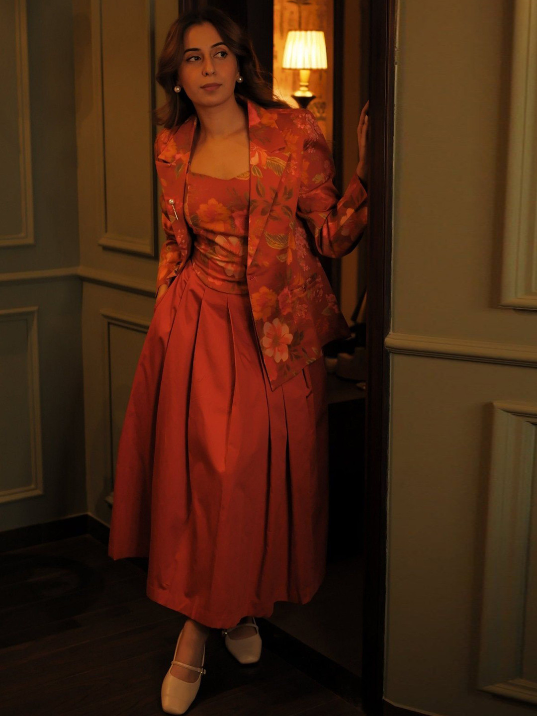 Sage by Mala Women Autumn Blaze Printed Cotton Top With Skirt & Blazer Three Piece Co-Ords