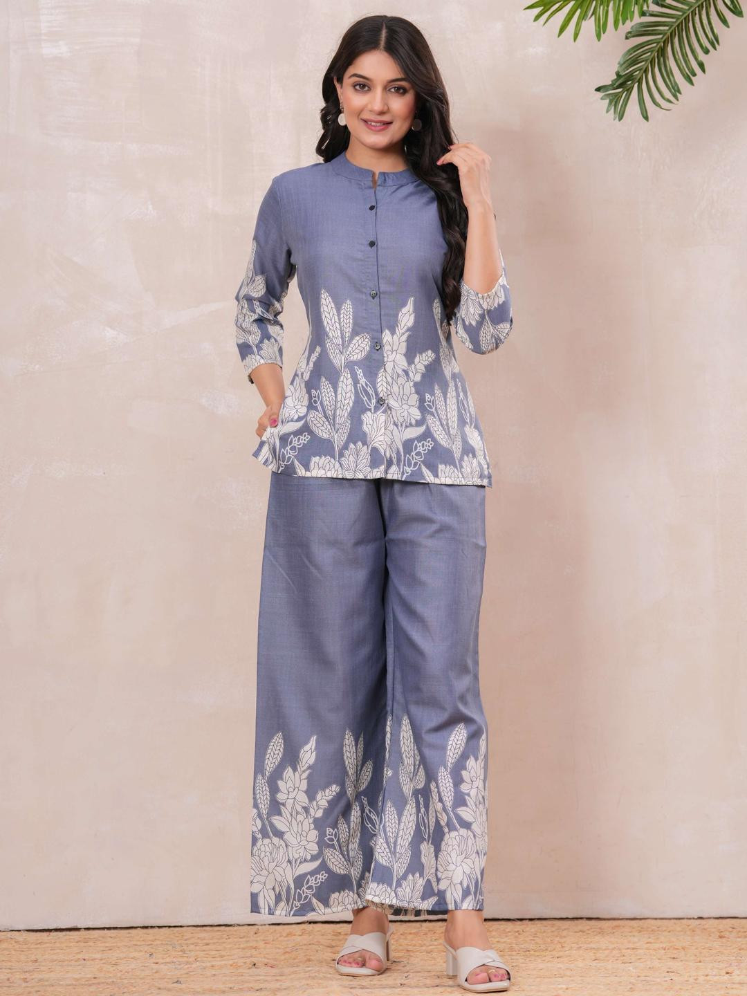 DIZON Women Grey Floral Printed Shirt With Palazzos Co-Ord Set