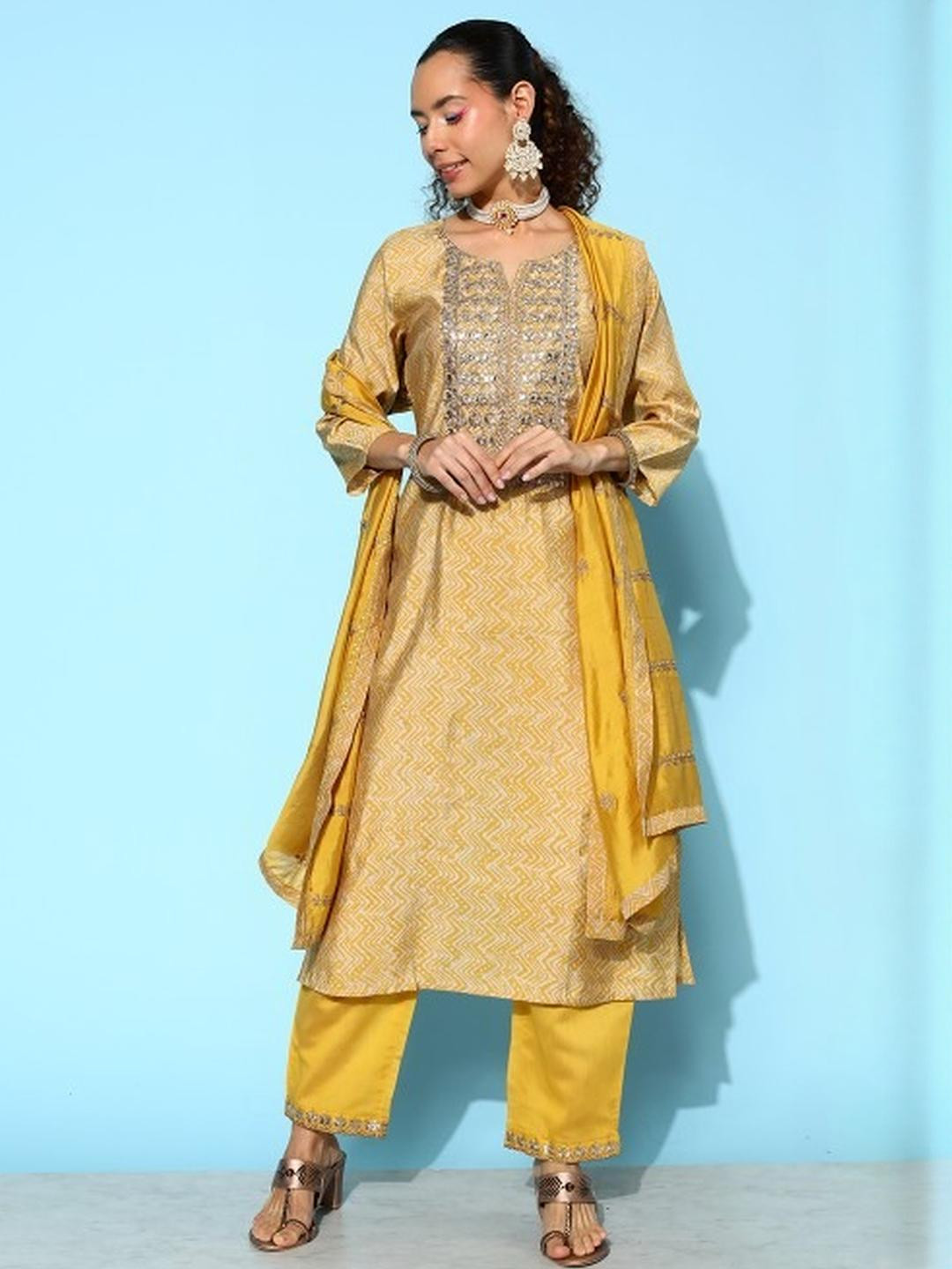 Anouk Women Yellow Silk Kurta Sets
