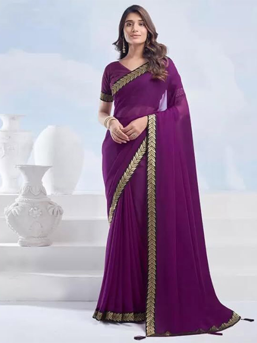 THE FASHION ATTIRE Purple Embellished Bollywood Georgette Saree