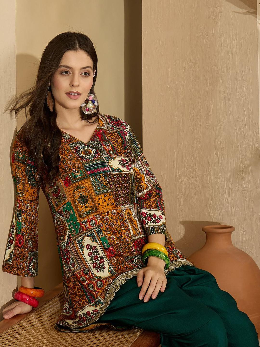 Sangria Women Batik Print High-Low C-Cut Kurta With Dhoti Pants