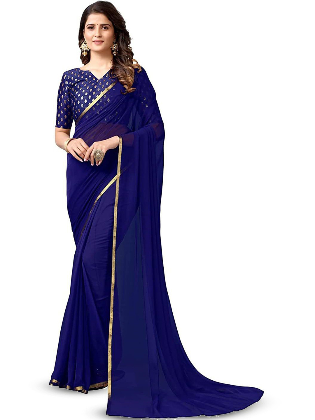 THE FASHION ATTIRE Dark Blue Solid/Plain Bollywood Chiffon Saree