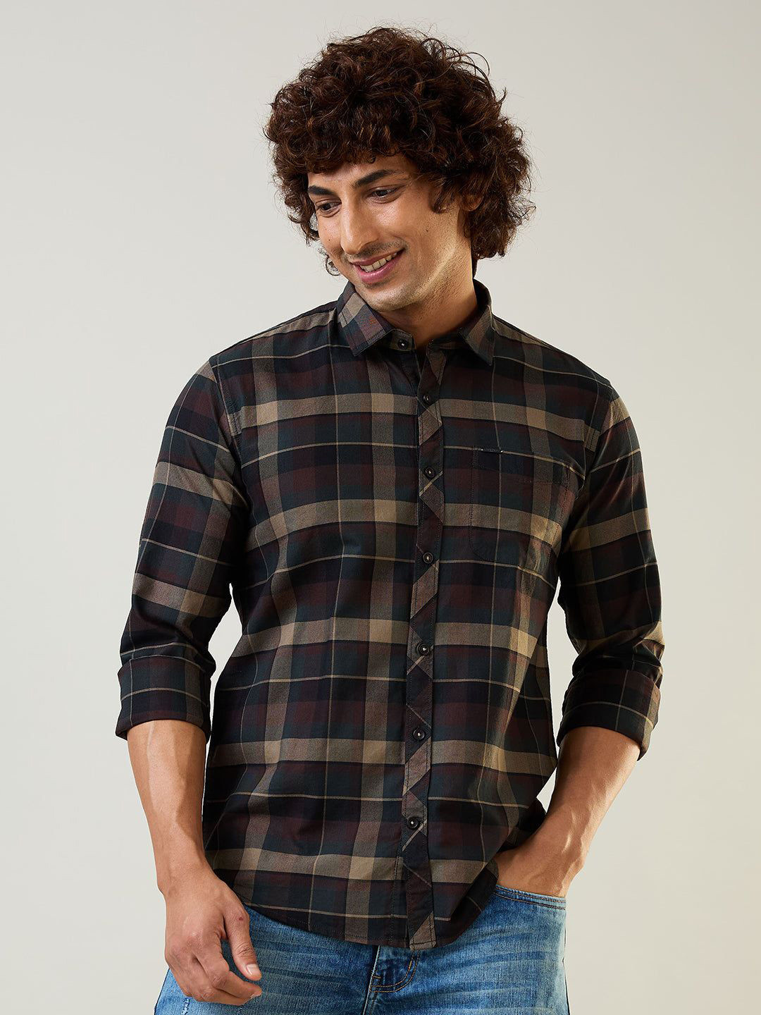 TIM PARIS Standard Tartan Checks Checked Spread Collar Roll-Up Sleeves Cotton Shirt