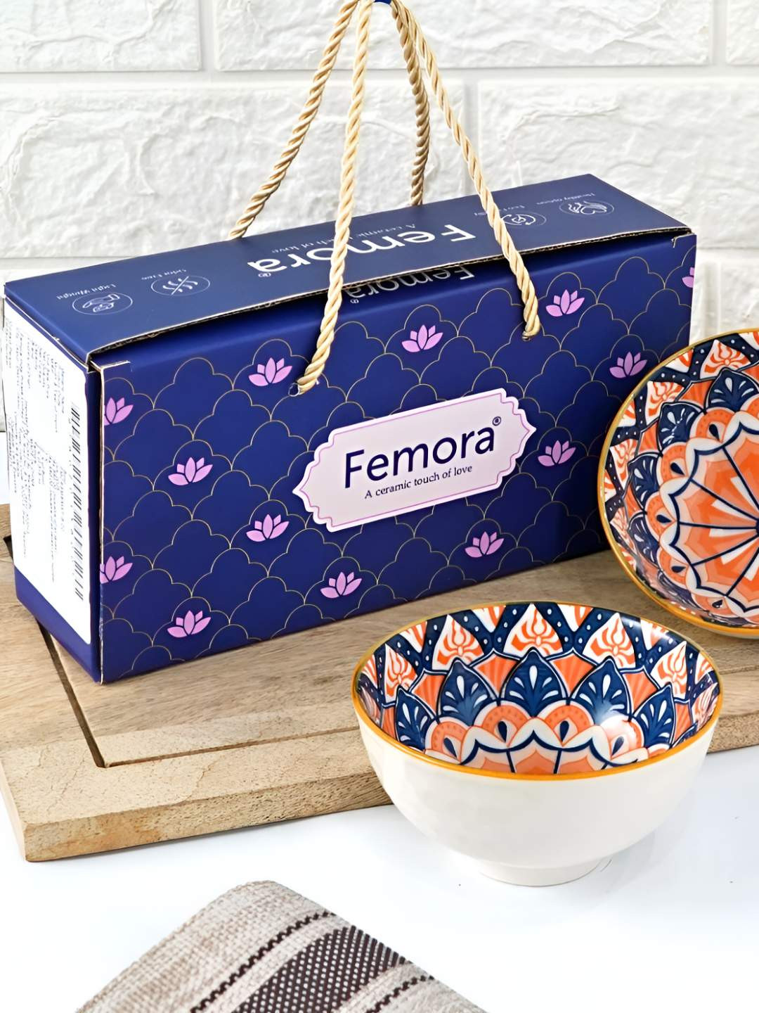 Femora White & Blue 2 Pieces Printed Procelain Glossy Bowls
