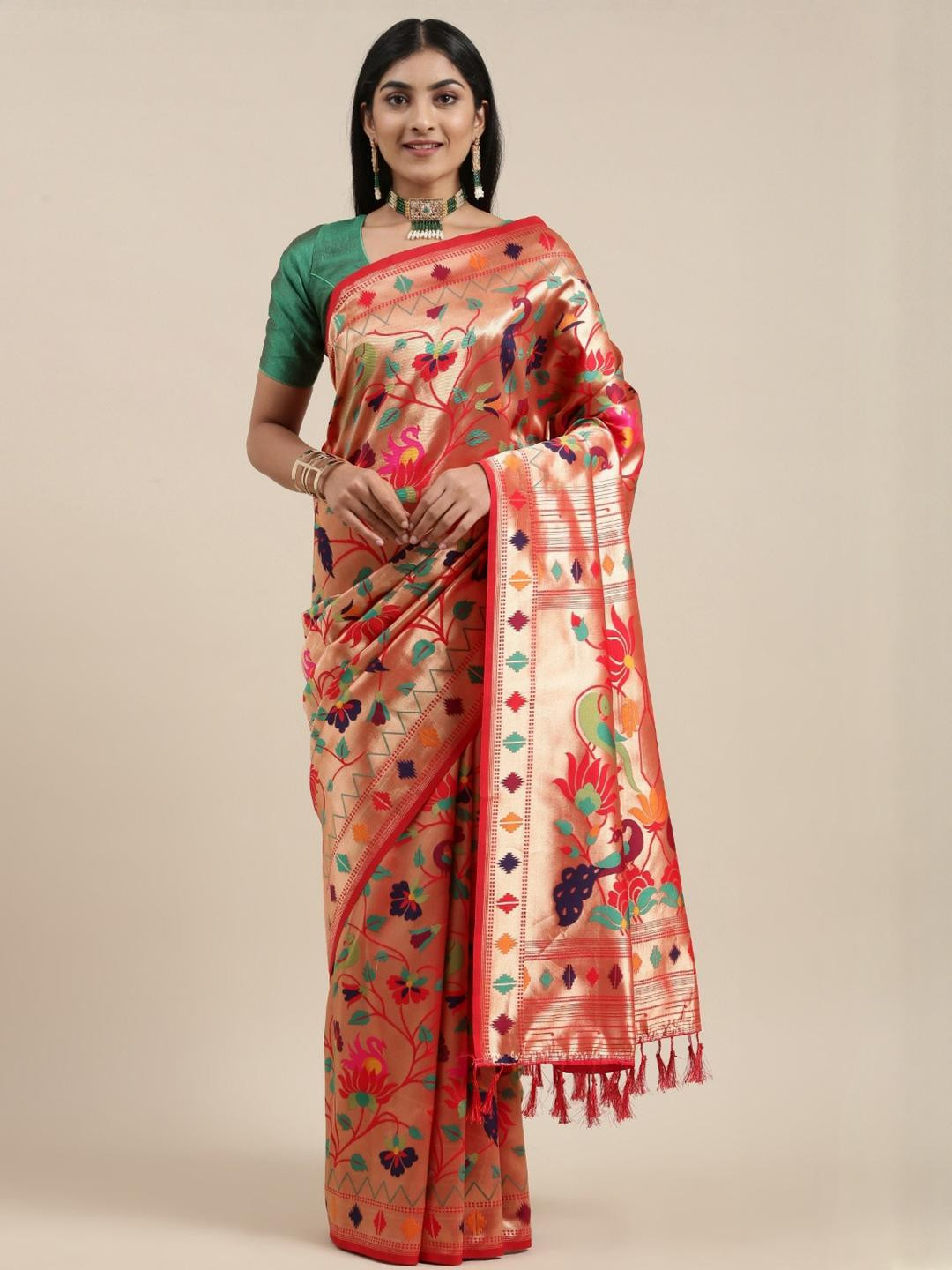 Red Paithani Woven Design Saree With Zari Border Blouse