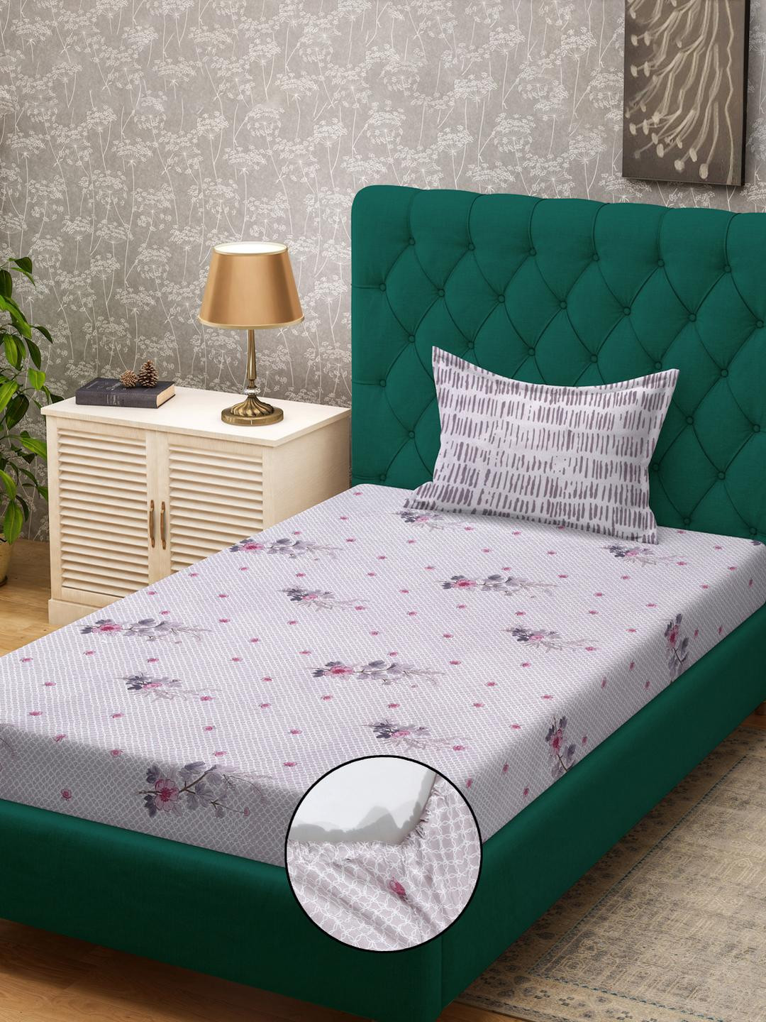 KLOTTHE Purple Floral Cotton Single Bedsheets