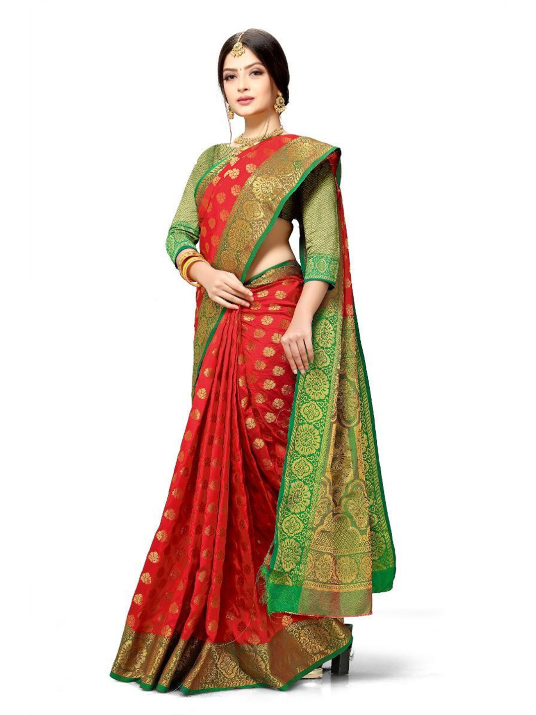 AKSH FASHION Red Silk Blend  Sarees