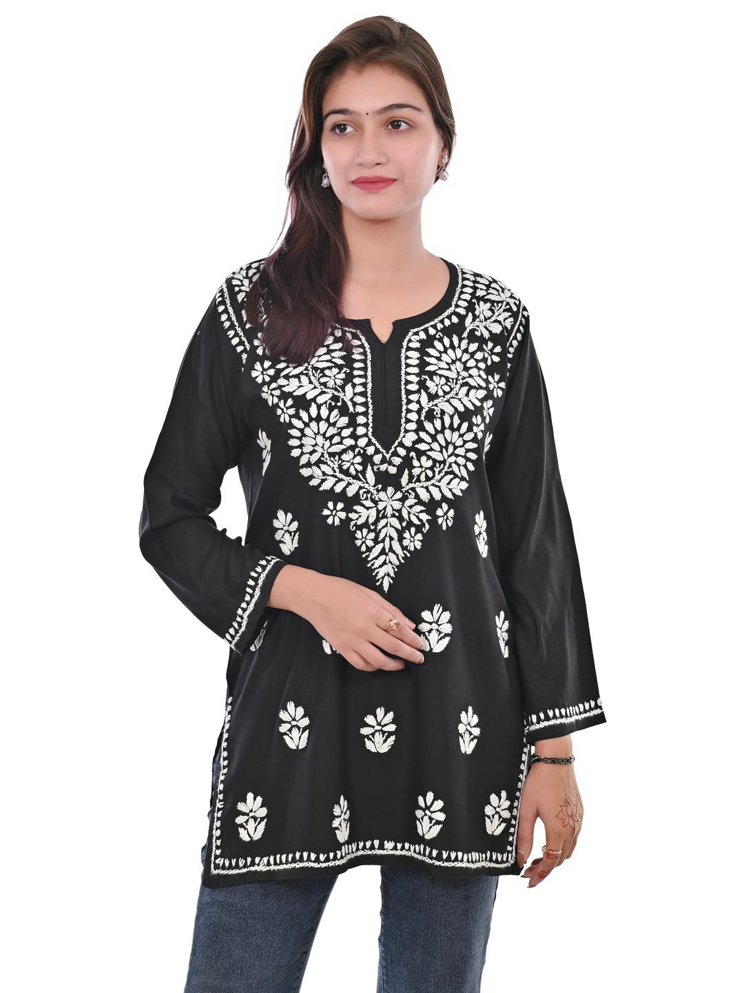 MALABIS Women Comfortable Breathable Rayon Short Chikankari Top