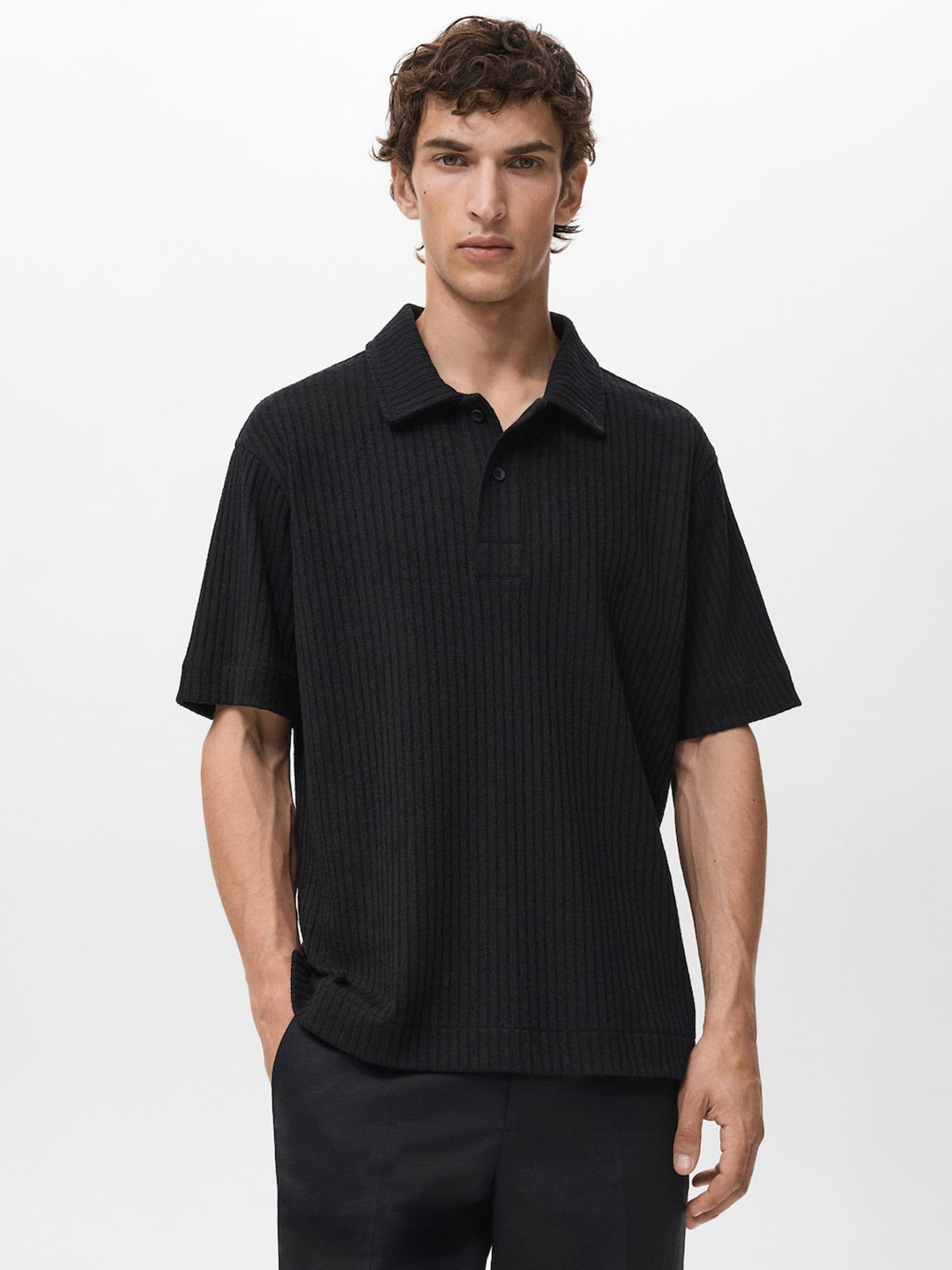 MANGO MAN Textured Knitted Polo Collar Drop-Shoulder Sleeves T-shirt