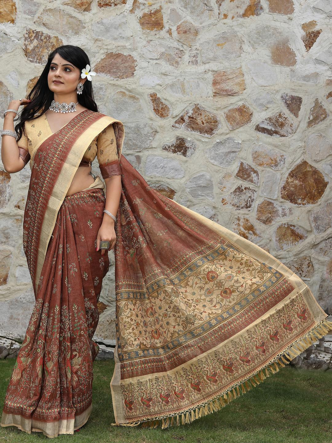 Anouk Brown Tissue Printed Sarees