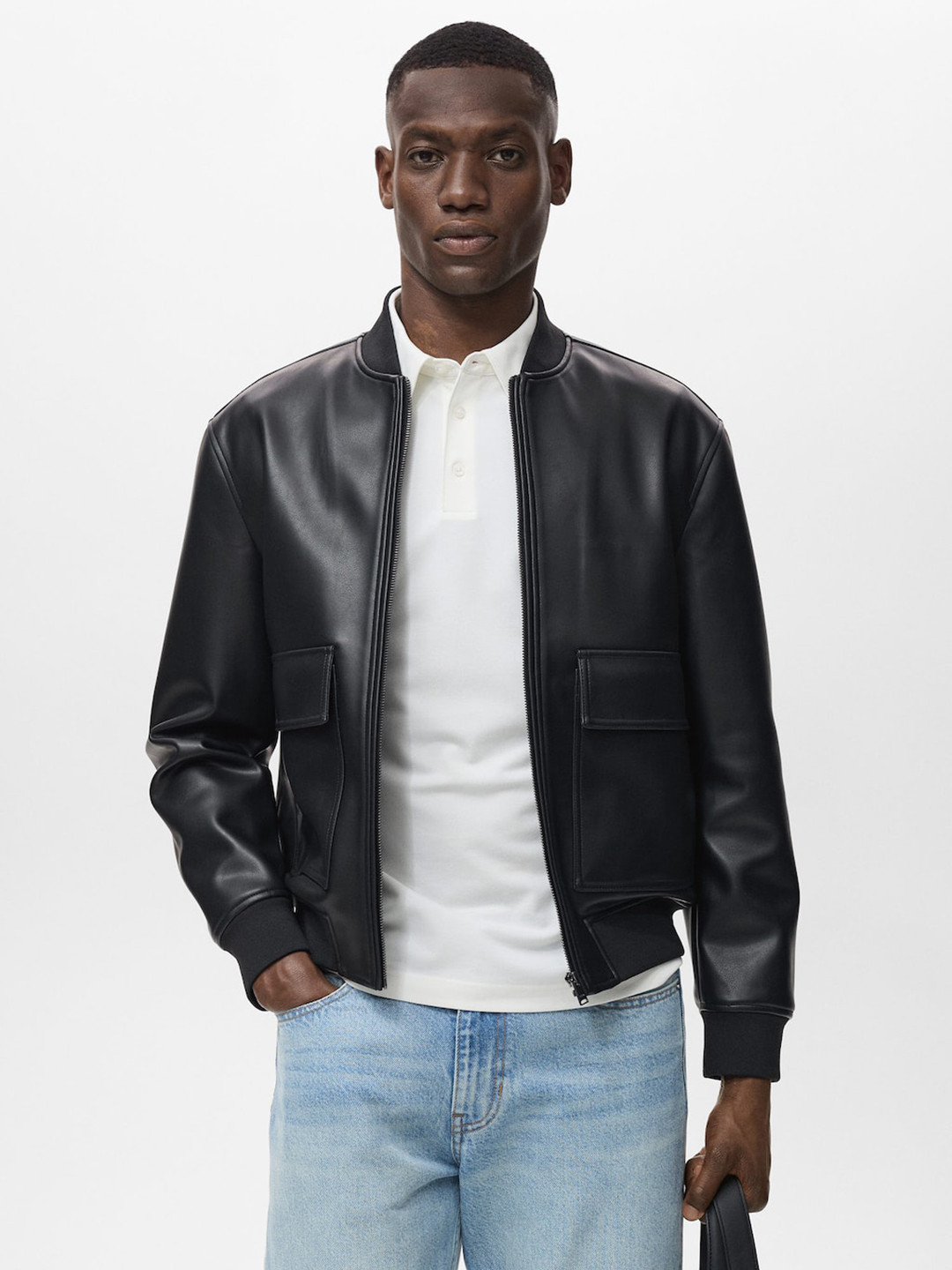 MANGO MAN Faux Leather Mock Collar Bomber Jacket