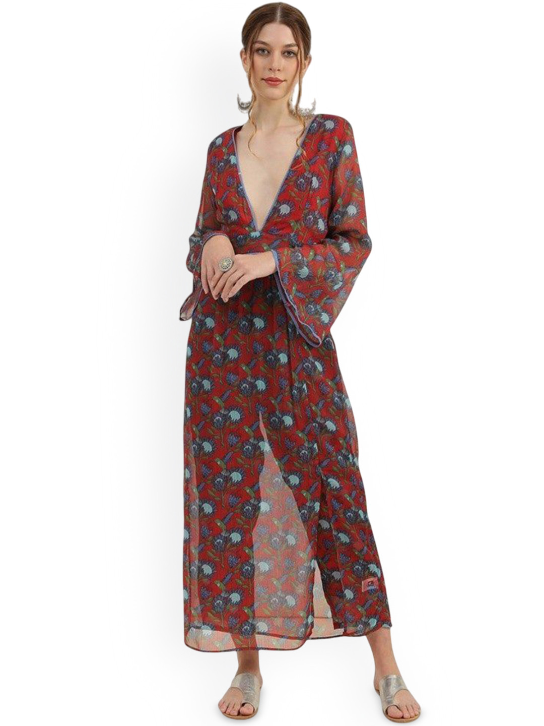 V.T FASHION Floral Printed Pure Cotton V-Neck Straight Kurta with Trousers