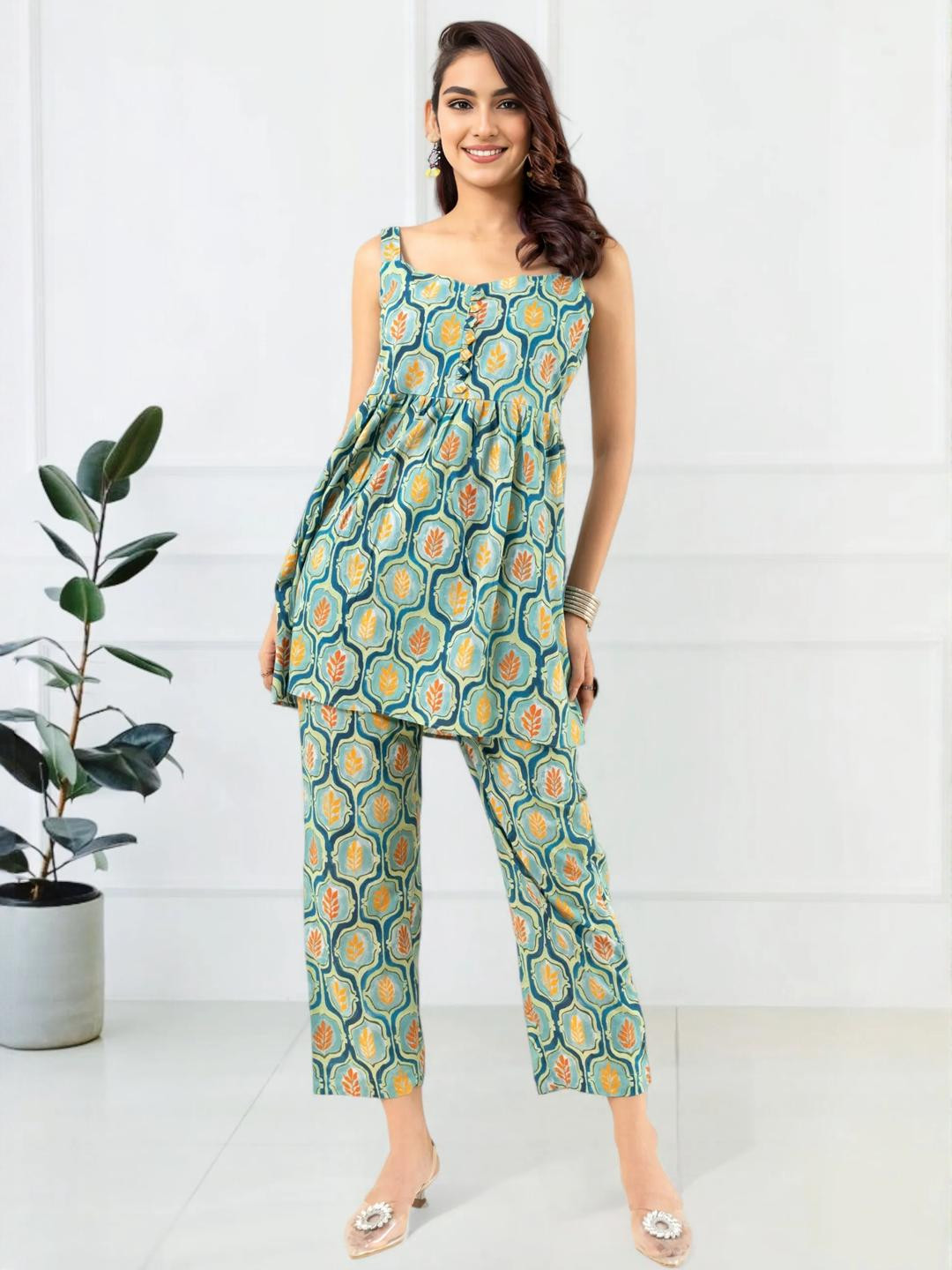 Anouk Women Mint Floral Grid Printed Pure Cotton Sleeveless Co-ord Set