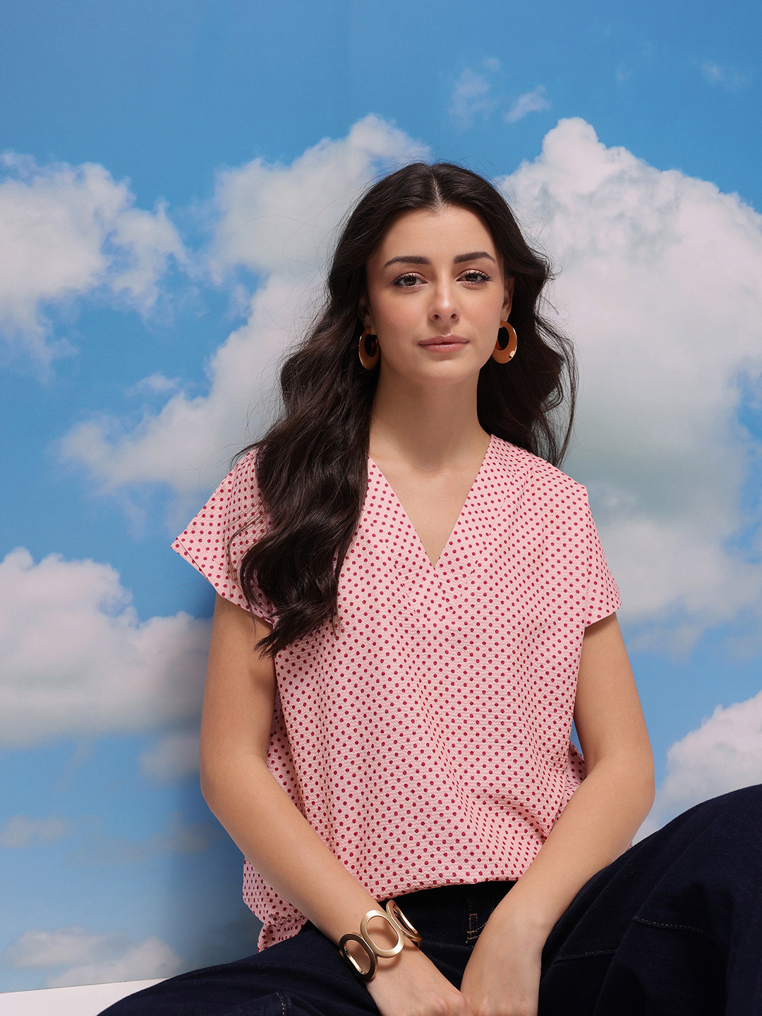 CORSICA Polka Dot Print Extended Sleeves short Top
