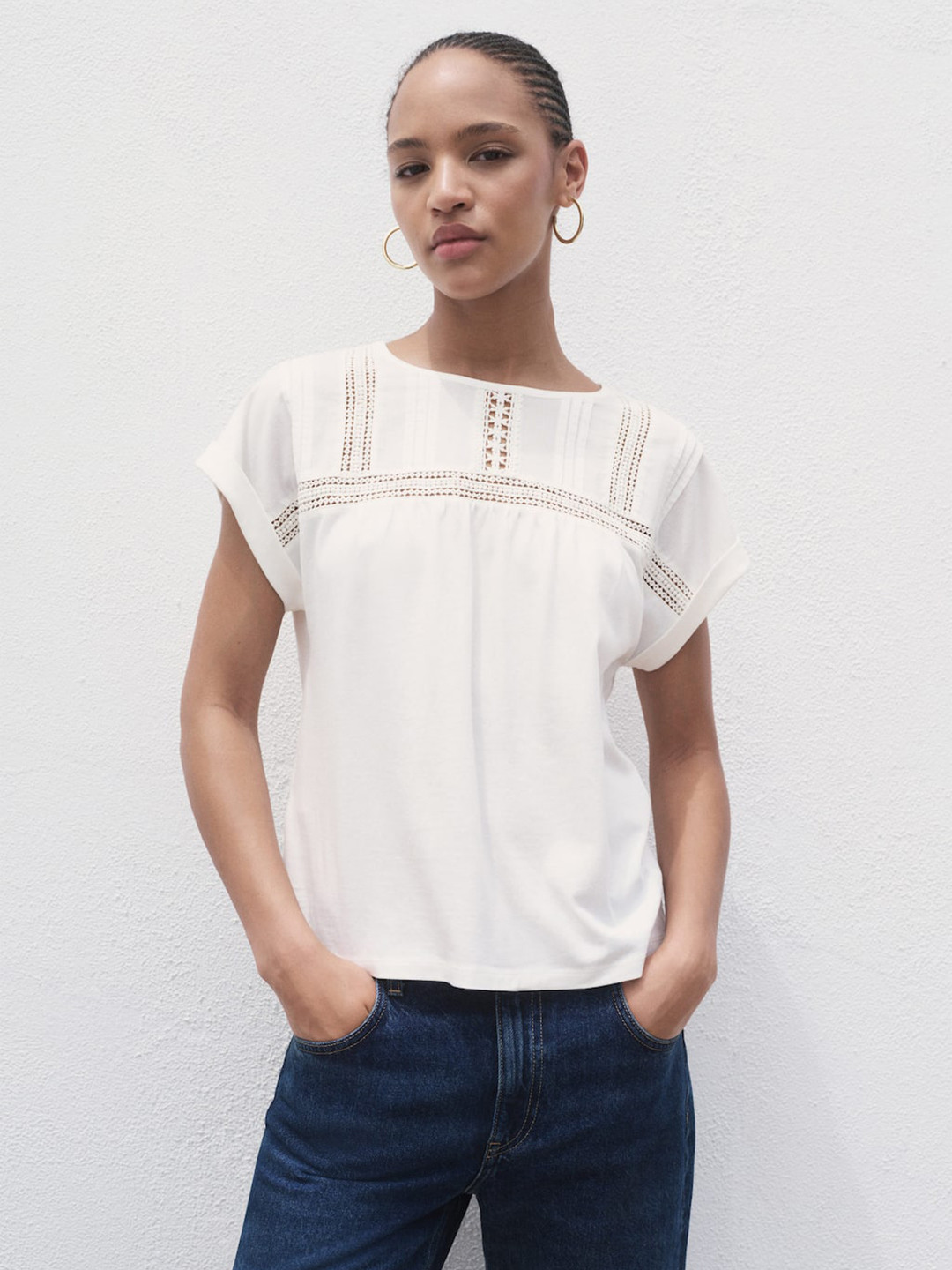 MANGO Lace Inserts Gathered Detail Extended Sleeves Pure Cotton Top