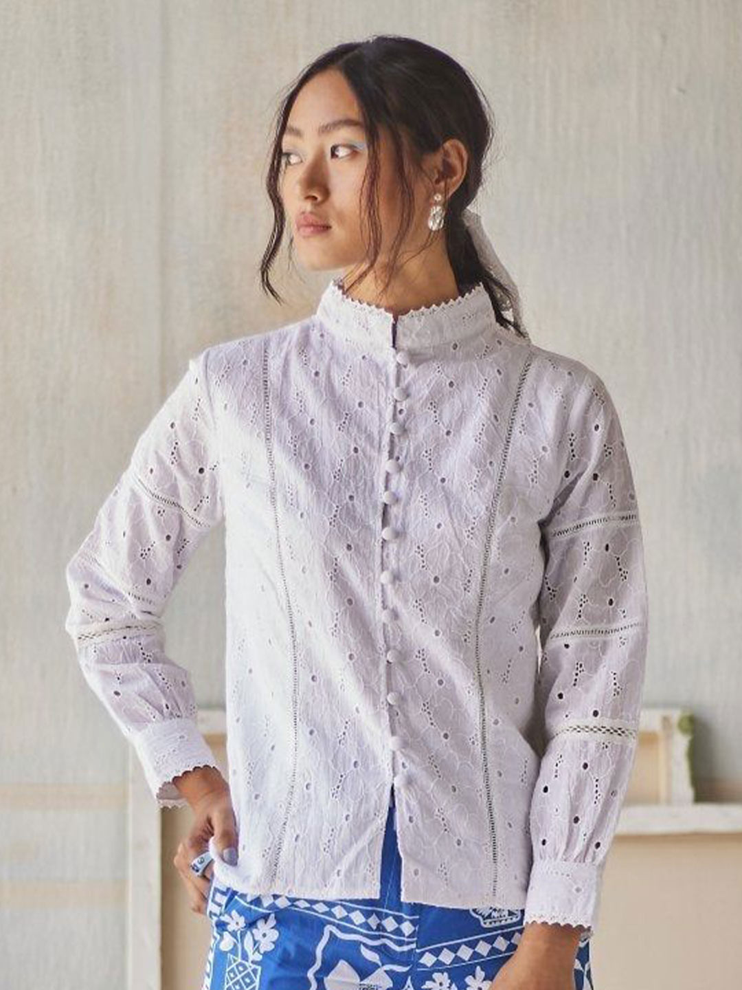 Sage by Mala Mandarin Collar Cotton Casual Shirt