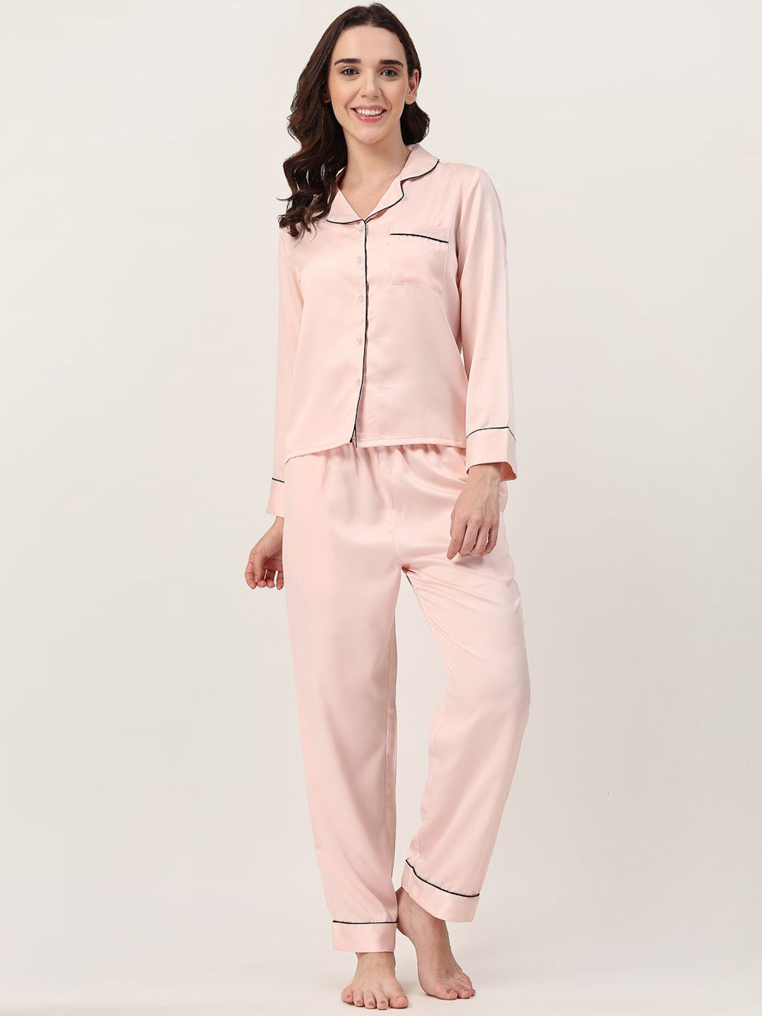 ETC Lapel Collar Satin Shirt With Pyjamas