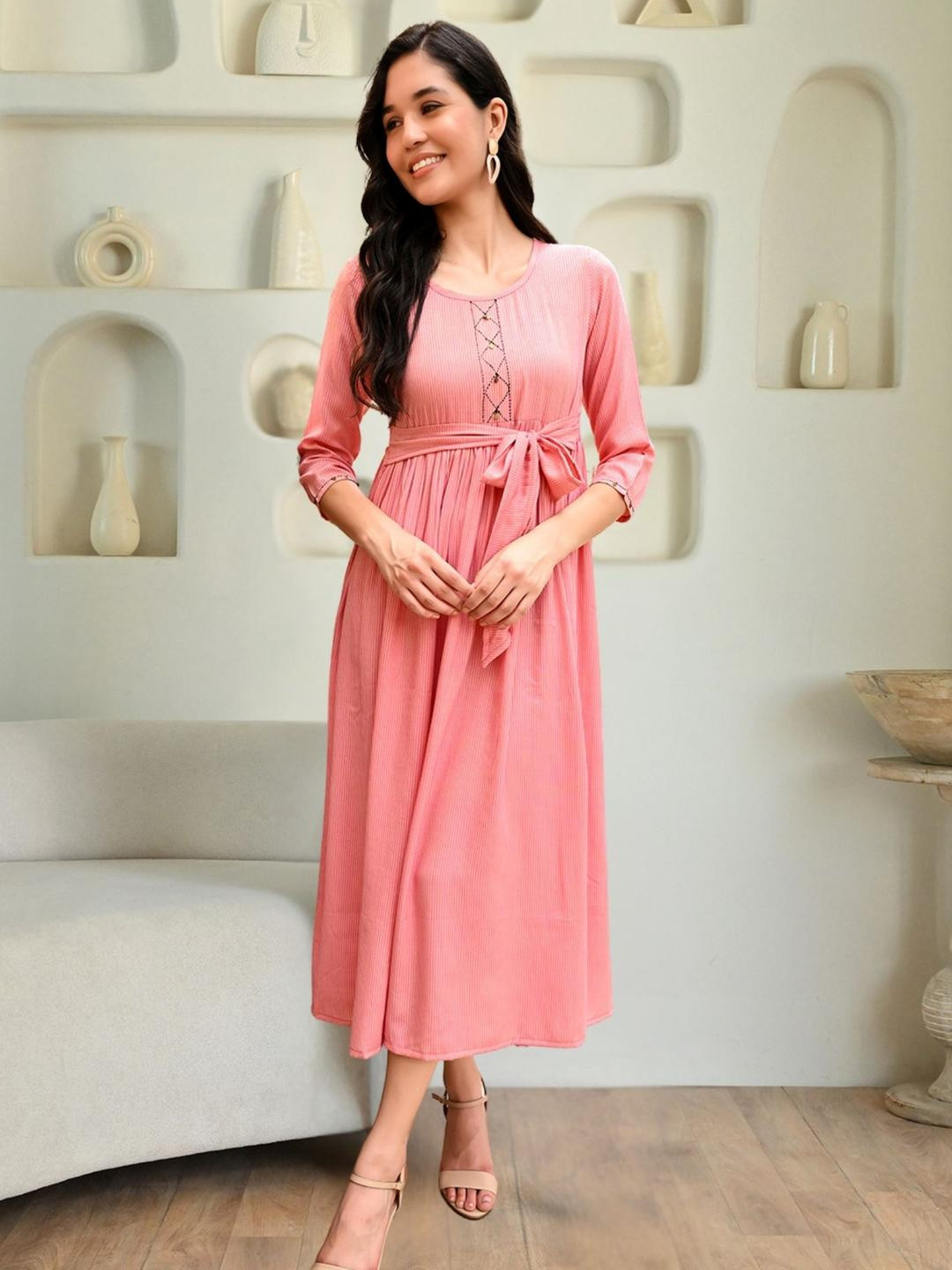 KALINI Women Pink Cotton Maxi Gown Dress