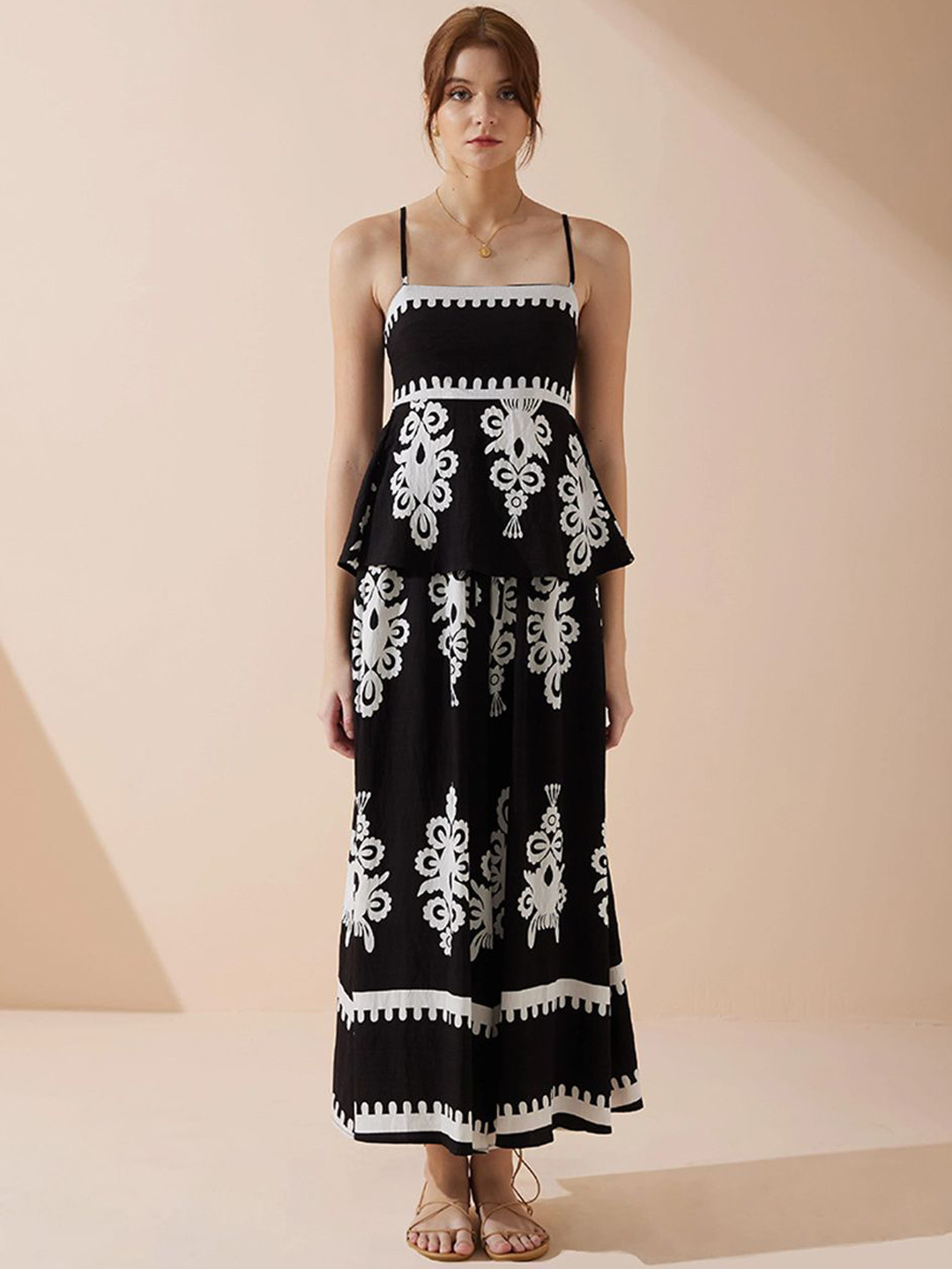 JC Mode Women Printed Shoulder Straps Top & Wide Leg Trousers Co-Ord Set