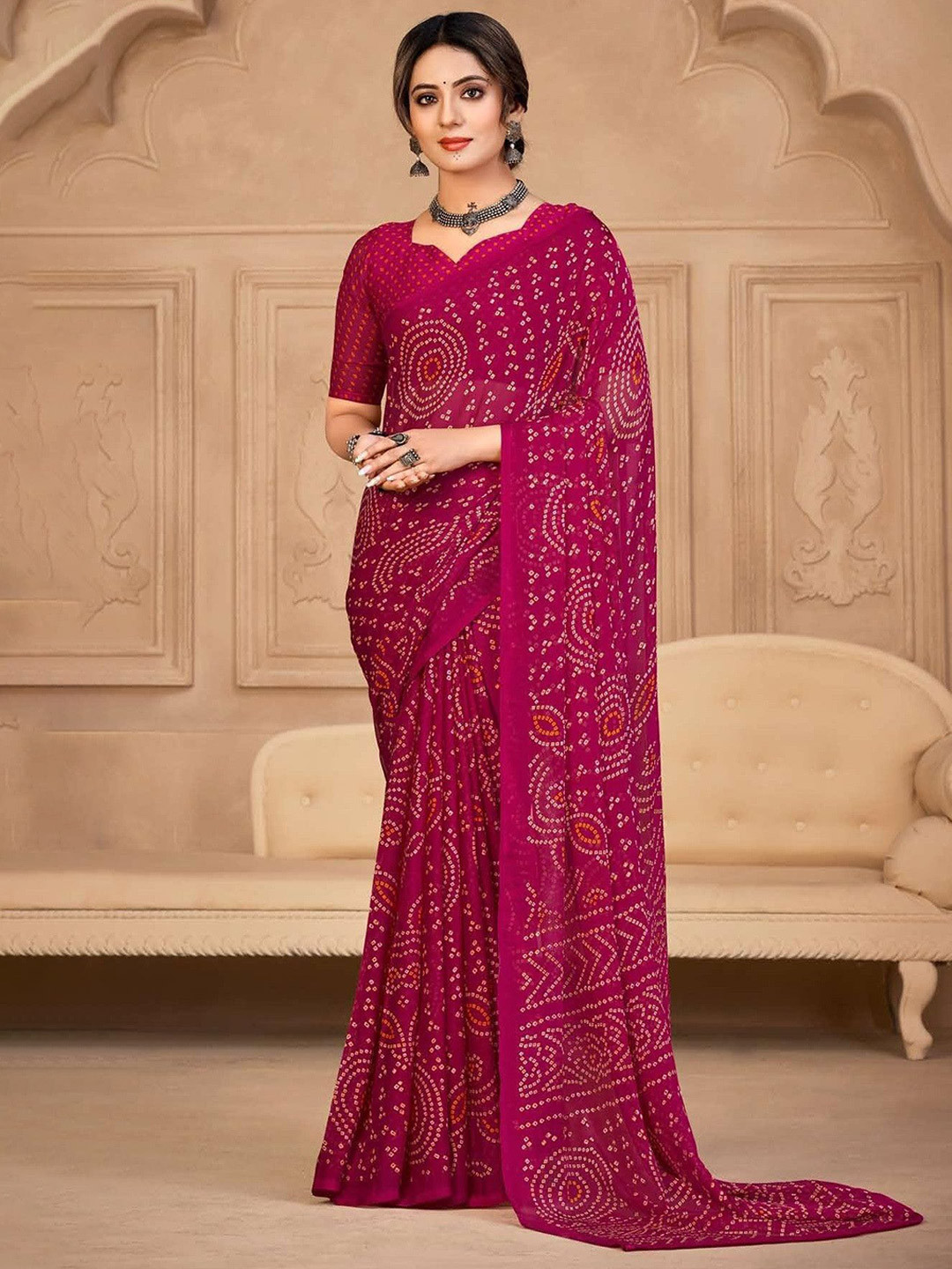THE FASHION ATTIRE Pink Geometric Print Bandhani Chiffon Saree