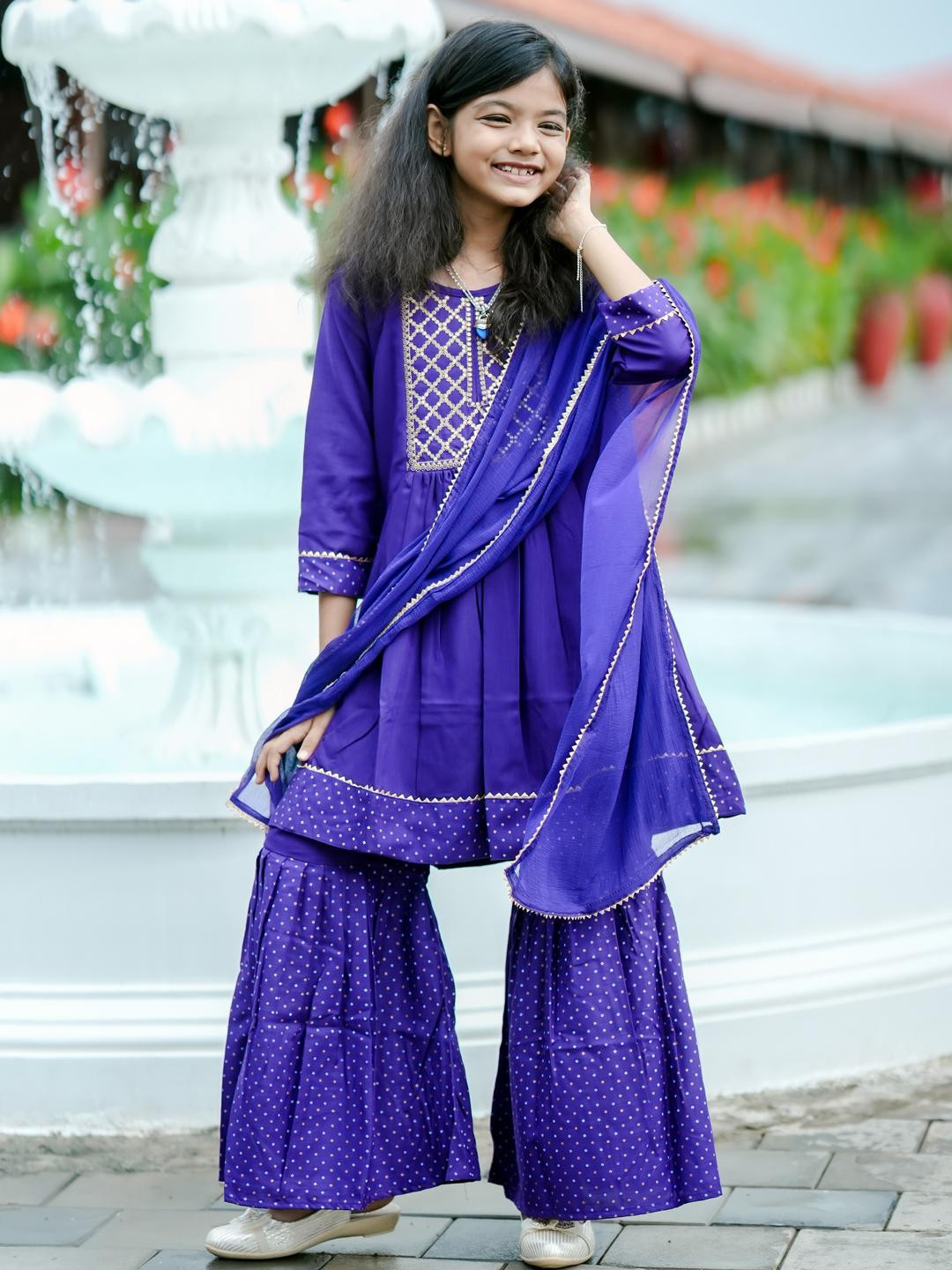 Sangria Girls Purple Embroidered Kurta & Dupatta Sharara Set
