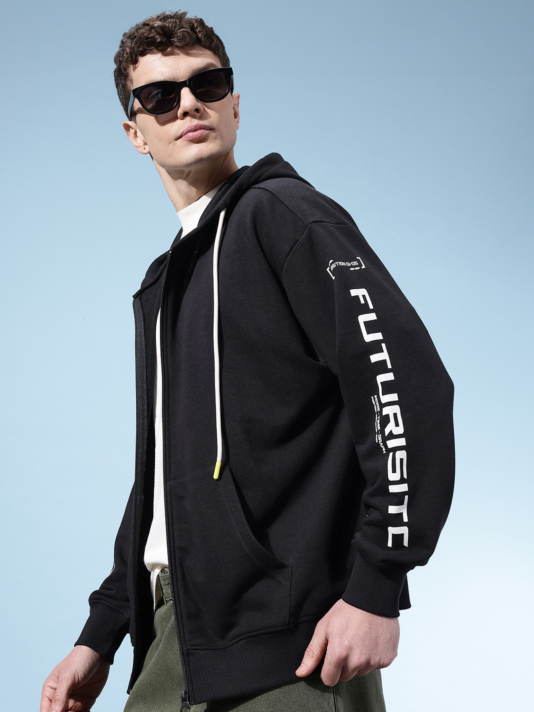 glitchez Printed Terry Front-Open Hooded Oversized Sweatshirt