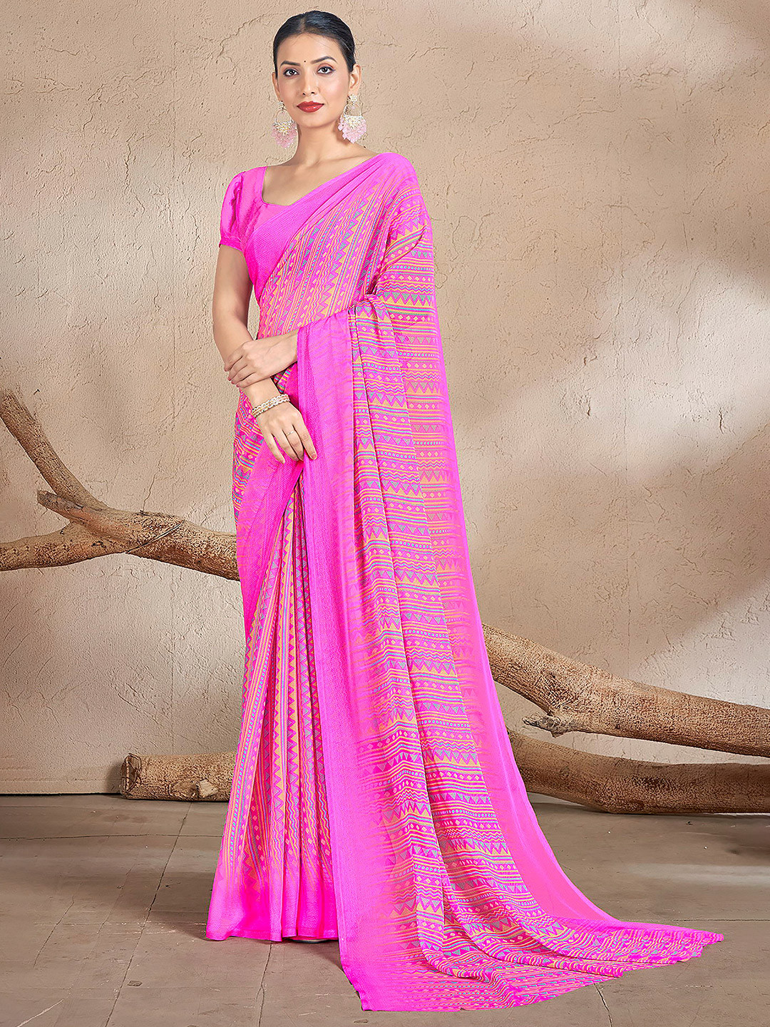 THE FASHION ATTIRE Pink Geometric Print Bollywood Chiffon Saree
