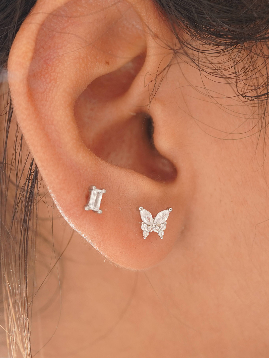 INTERSTELLAR Stainless Steel Silver-Plated Cubic Zirconia Studded Butterfly Studs