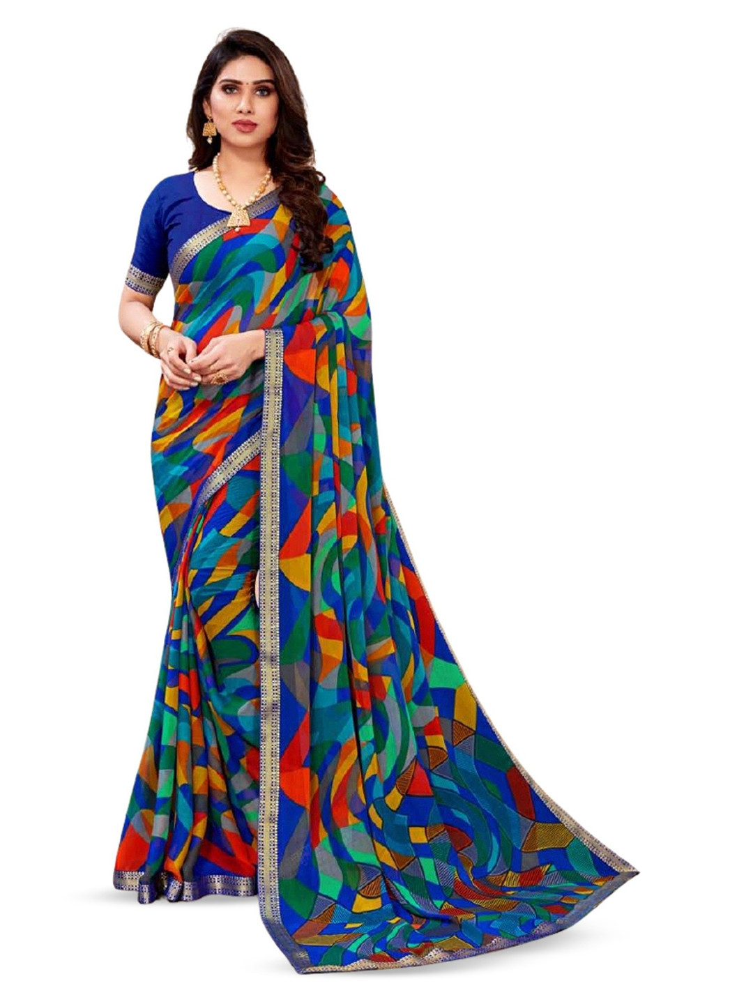 THE FASHION ATTIRE Dark Blue Floral Print Bollywood Chiffon Saree