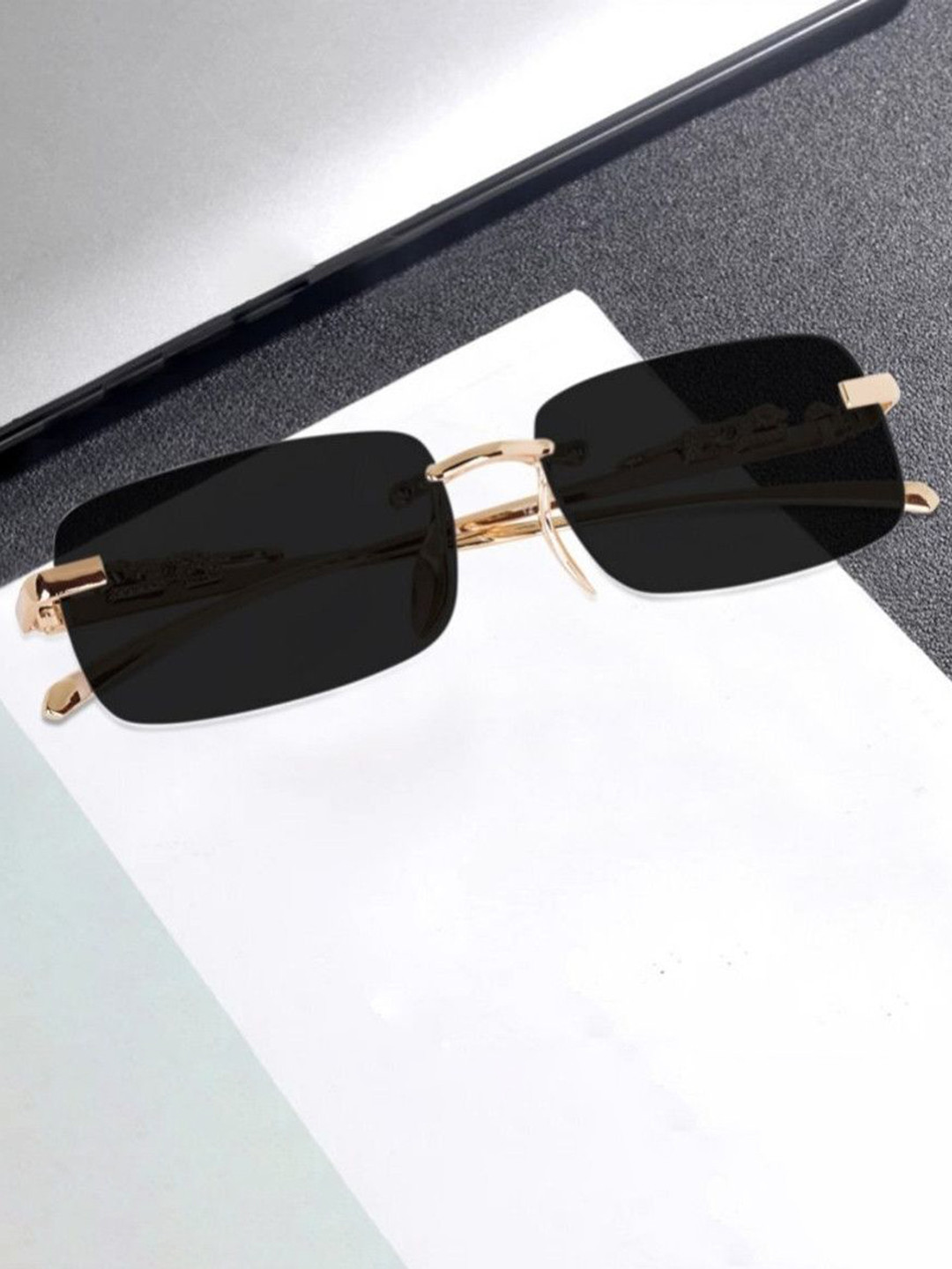 SPADEACES Unisex Rimless UV Protected Rectangle Sunglasses Karan Gold Black -101