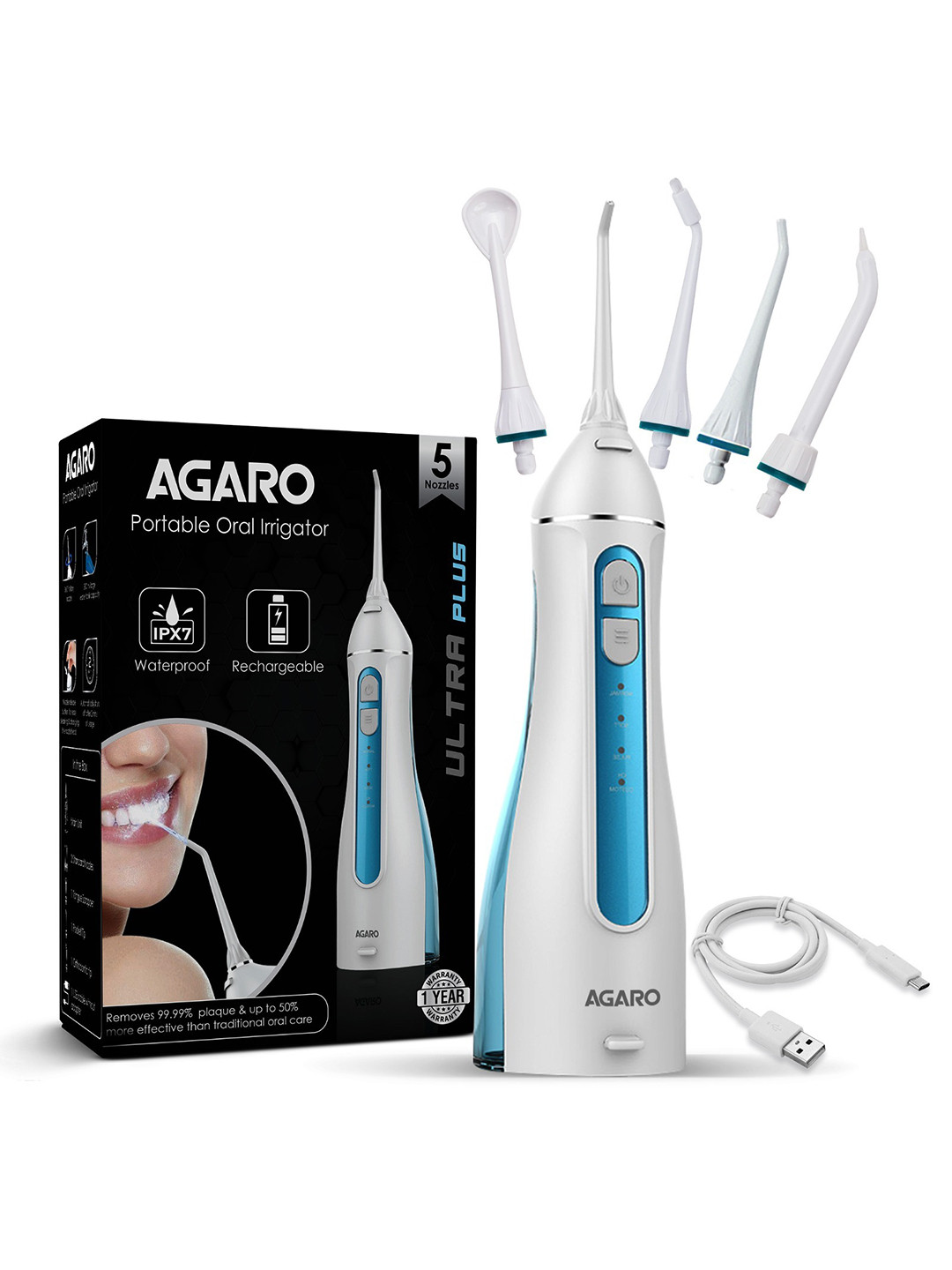 Agaro Ultra Plus Portable & Rechargeable Oral Irrigator with 5 Nozzles & 4 Modes - White
