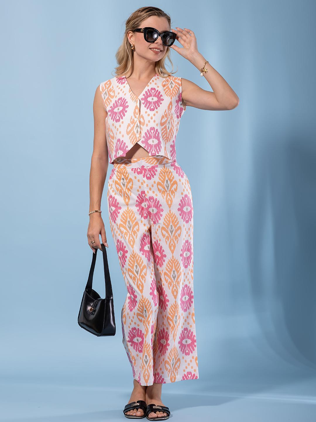 KALINI Women Pink & White Pure Cotton Sleeveless Waistcoat & Trousers
