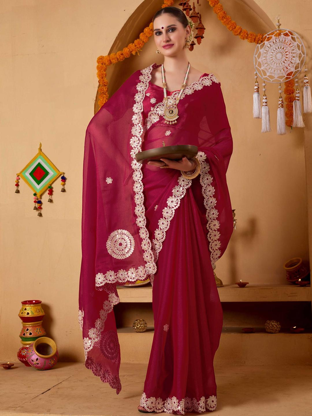RACHNA Aari Work Solid Tissue Red Saree