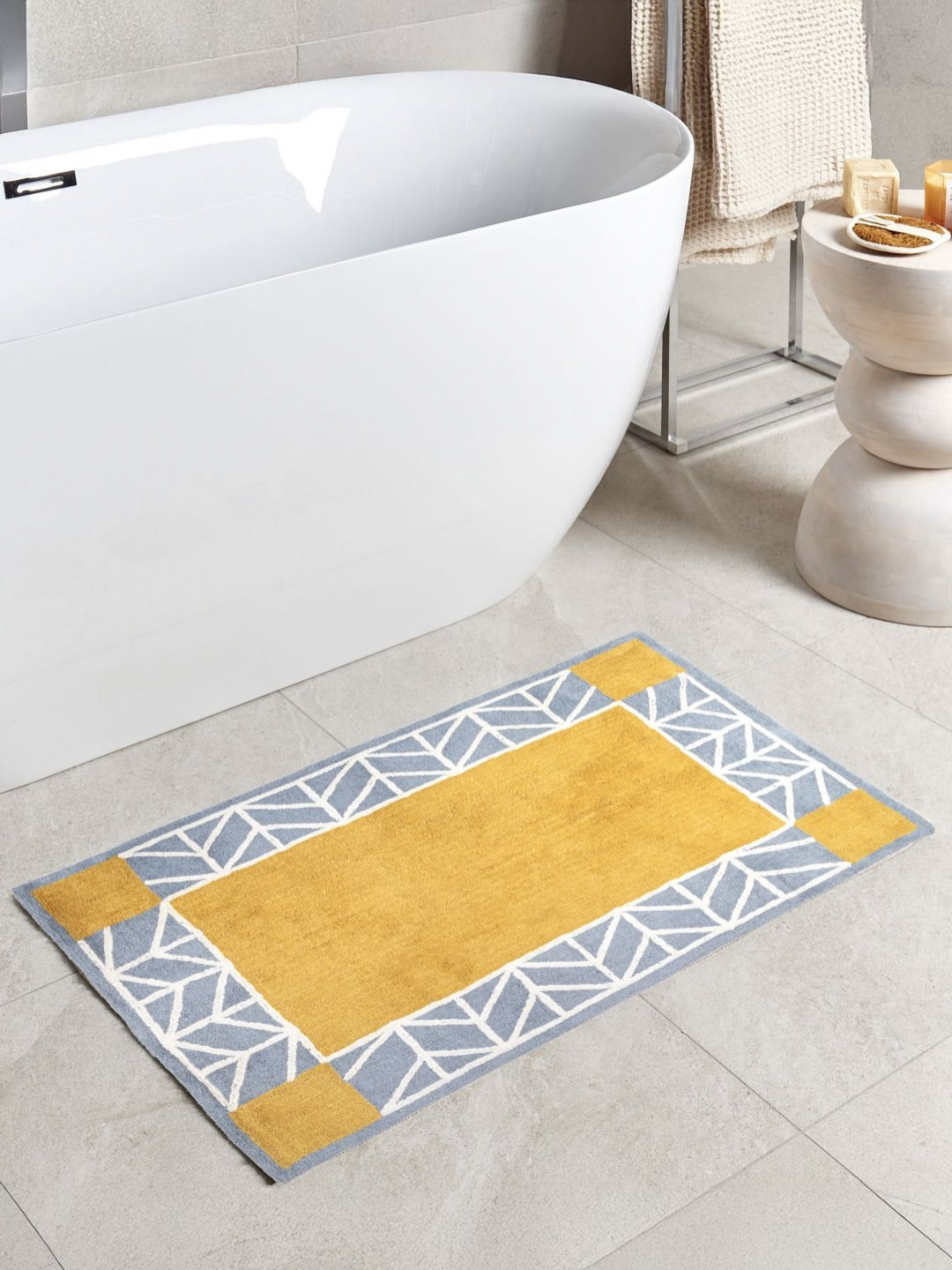 THEGASBH Yellow & Grey Colourblocked 400 GSM Fade-Resistant Cotton Bath Rug
